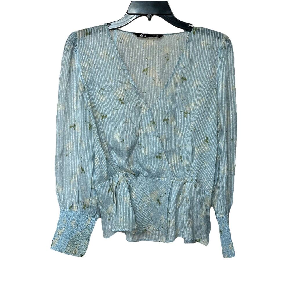 Zara Top Women’s Med Faux Wrap Blue Floral Sheer Metallic Thread Peplum Pullover